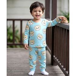 Babyhug Cotton Knit Full Sleeves Co-ords T-Shirt & Pajama Night Suit with Bear Print - Light Blue