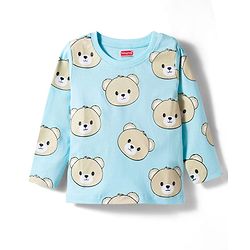 Babyhug Cotton Knit Full Sleeves Co-ords T-Shirt & Pajama Night Suit with Bear Print - Light Blue