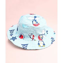 Babyhug Cotton Woven Summer Hat With Penguin Print Multicolor - Diameter 14 cm