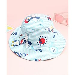Babyhug Cotton Woven Summer Hat With Penguin Print Multicolor - Diameter 14 cm
