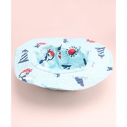 Babyhug Cotton Woven Summer Hat With Penguin Print Multicolor - Diameter 14 cm