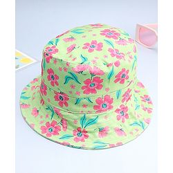 Babyhug Cotton Woven Summer Hat With Floral Print Green - Diameter 14 cm