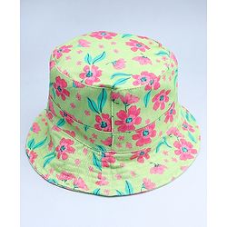 Babyhug Cotton Woven Summer Hat With Floral Print Green - Diameter 14 cm