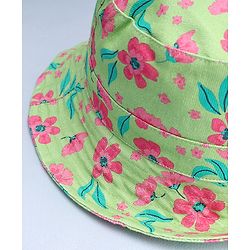 Babyhug Cotton Woven Summer Hat With Floral Print Green - Diameter 14 cm