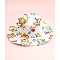 Babyhug Cotton Woven Summer Hat With Animal Print White - Diameter 14 cm