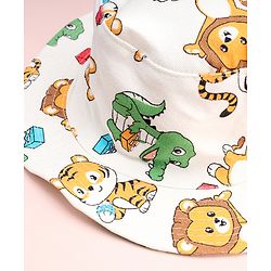 Babyhug Cotton Woven Summer Hat With Animal Print White - Diameter 14 cm