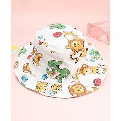 Babyhug Cotton Woven Summer Hat With Animal Print White - Diameter 14 cm