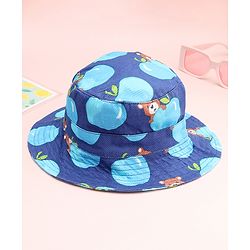 Babyhug Cotton Woven Summer Hat With Teddy Bear Print Navy Blue - Diameter 16 cm