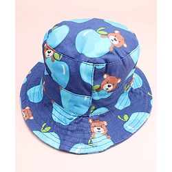 Babyhug Cotton Woven Summer Hat With Teddy Bear Print Navy Blue - Diameter 16 cm