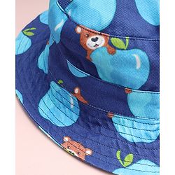 Babyhug Cotton Woven Summer Hat With Teddy Bear Print Navy Blue - Diameter 16 cm
