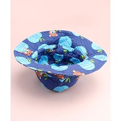 Babyhug Cotton Woven Summer Hat With Teddy Bear Print Navy Blue - Diameter 16 cm