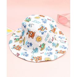 Babyhug Cotton Woven Summer Hat With Animal Print White - Diameter 14 cm