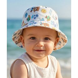 Babyhug Cotton Woven Summer Hat With Animal Print White - Diameter 14 cm