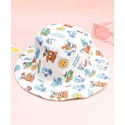 Babyhug Cotton Woven Summer Hat With Animal Print White - Diameter 14 cm