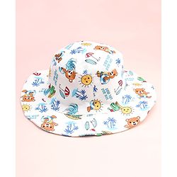 Babyhug Cotton Woven Summer Hat With Animal Print White - Diameter 14 cm