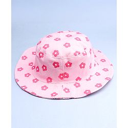 Babyhug Cotton Woven Summer Hat With Floral Print Pink - Diameter 14 cm