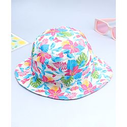 Babyhug Cotton Woven Summer Hat With Floral Print White - Diameter 16 cm