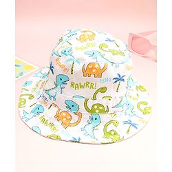 Babyhug Cotton Woven Summer Hat With Dino Print White - Diameter 16 cm
