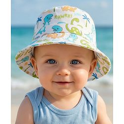 Babyhug Cotton Woven Summer Hat With Dino Print White - Diameter 16 cm