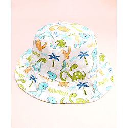 Babyhug Cotton Woven Summer Hat With Dino Print White - Diameter 16 cm