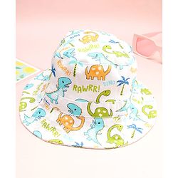 Babyhug Cotton Woven Summer Hat With Dino Print White - Diameter 16 cm