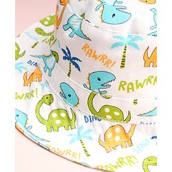 Babyhug Cotton Woven Summer Hat With Dino Print White - Diameter 16 cm
