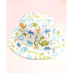 Babyhug Cotton Woven Summer Hat With Dino Print White - Diameter 16 cm