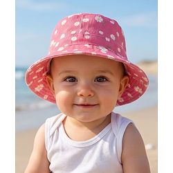 Babyhug 100% Cotton Woven Summer Hat With Floral Print Pink - Diameter 14 cm