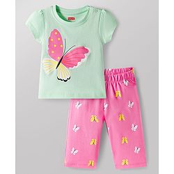 Babyhug Cotton Knit Half Sleeves T-Shirt & Capri Night Suit with Butterfly Print - Pink & Mint