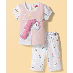 Babyhug Cotton Knit Half Sleeves T-Shirt & Capri Night Suit with Unicorn Print & Applique- Pink