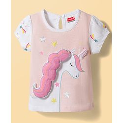 Babyhug Cotton Knit Half Sleeves T-Shirt & Capri Night Suit with Unicorn Print & Applique- Pink