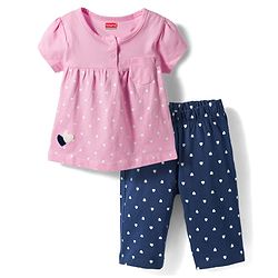 Babyhug Cotton Knit Half Sleeves Top & Capri Night Suit with Heart Print - Pink & Navy Blue
