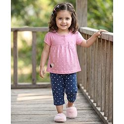 Babyhug Cotton Knit Half Sleeves Top & Capri Night Suit with Heart Print - Pink & Navy Blue