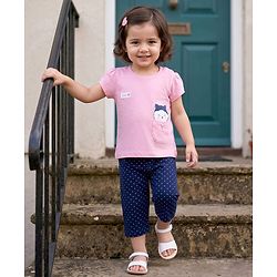 Babyhug 100% Cotton Knit Half Sleeves T-Shirt & Capri Night Suit With Kitty Print - Pink
