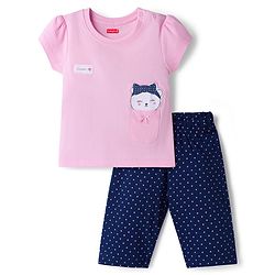 Babyhug 100% Cotton Knit Half Sleeves T-Shirt & Capri Night Suit With Kitty Print - Pink