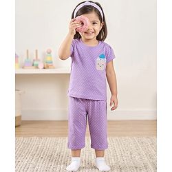 Babyhug Cotton Knit Half Sleeves Polka Dots Printed & Cupcake Embroidered T-Shirt & Capri Night Suit - Lavender
