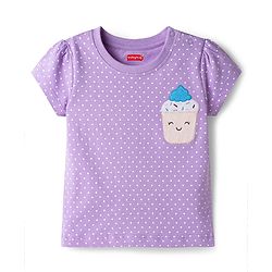 Babyhug Cotton Knit Half Sleeves Polka Dots Printed & Cupcake Embroidered T-Shirt & Capri Night Suit - Lavender