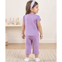 Babyhug Cotton Knit Half Sleeves Polka Dots Printed & Cupcake Embroidered T-Shirt & Capri Night Suit - Lavender