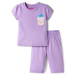 Babyhug Cotton Knit Half Sleeves Polka Dots Printed & Cupcake Embroidered T-Shirt & Capri Night Suit - Lavender