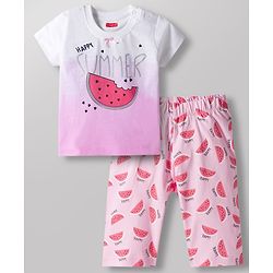 Babyhug Cotton Knit Half Sleeves T-Shirt & Capri Night Suit With Watermelon Print - Pink