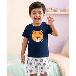 Babyhug Cotton Knit Half Sleeves Tiger Printed T-Shirt & Shorts Night Suit - Navy Blue
