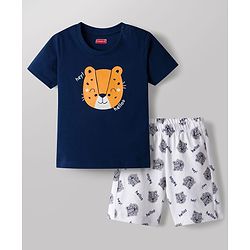 Babyhug Cotton Knit Half Sleeves Tiger Printed T-Shirt & Shorts Night Suit - Navy Blue