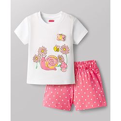 Babyhug Cotton Knit Half Sleeves T-Shirt & Shorts Night Suit with Floral & Snail Print - White