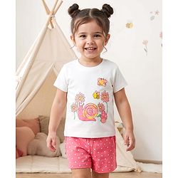 Babyhug Cotton Knit Half Sleeves T-Shirt & Shorts Night Suit with Floral & Snail Print - White