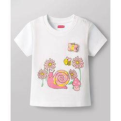 Babyhug Cotton Knit Half Sleeves T-Shirt & Shorts Night Suit with Floral & Snail Print - White