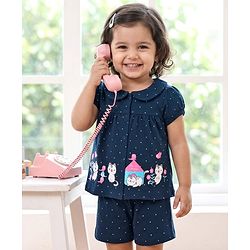 Babyhug Cotton Knit Half Sleeves Shirt & Shorts Night Suit with Cat Print - Navy Blue