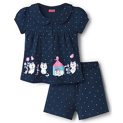 Babyhug Cotton Knit Half Sleeves Shirt & Shorts Night Suit with Cat Print - Navy Blue