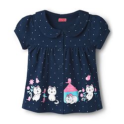 Babyhug Cotton Knit Half Sleeves Shirt & Shorts Night Suit with Cat Print - Navy Blue