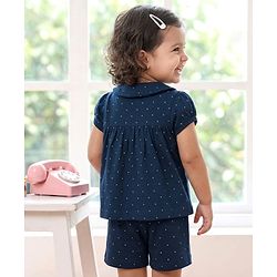 Babyhug Cotton Knit Half Sleeves Shirt & Shorts Night Suit with Cat Print - Navy Blue