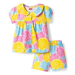Babyhug Cotton Knit Half Sleeves Top & Shorts Co-ord Night Suit with Lime Print - Multicolor